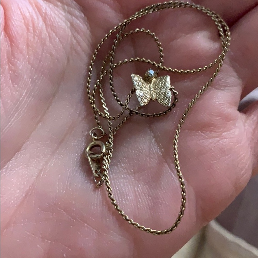 Vintage Brass BUTTERFLY necklace + quartz or diamond